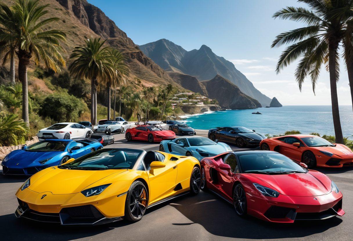 A visually striking collage showcasing a variety of exotic cars, from sleek budget models to luxurious supercars, parked on a scenic coastal road. Incorporate elements of adventure, like a winding mountain pass and palm trees swaying in the breeze, hinting at exploration. Include diverse individuals enjoying the cars, capturing the thrill of the ride. Bright, vibrant colors to evoke excitement and luxury. dynamic and modern illustration style.