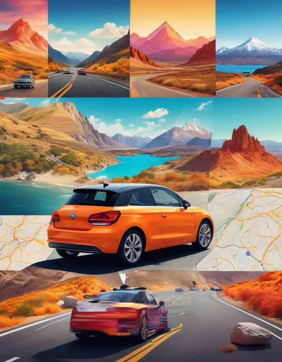 A vibrant collage of diverse travelers exploring the open road in stylish rental cars, showcasing various landscapes like mountains, beaches, and cityscapes in the background. Include elements of navigation, such as maps and GPS, and highlight the excitement of adventure. Bright colors and a sense of motion should dominate the scene. dynamic illustrations. vibrant colors. 3D.