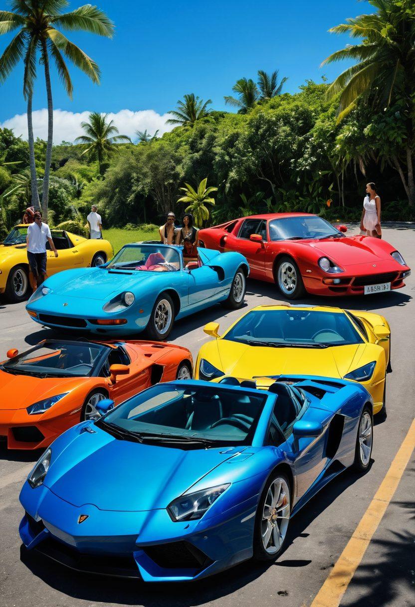 A vibrant scene showcasing a diverse group of people, each with unique ethnic backgrounds, joyfully standing next to an array of exotic cars in a sunny tropical destination. Emphasize lush greenery and clear blue skies in the background, with iconic travel landmarks subtly integrated. The mood should evoke excitement and adventure, illustrating the thrill of travel on a budget. juxtaposed with stylish, colorful car rentals. bright colors. super-realistic. tropical paradise.